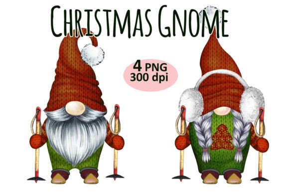 Christmas Ski Gnome Clipart PNG Set for Illustrations