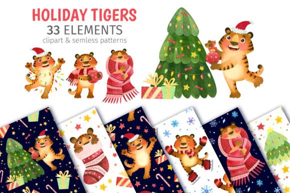 Christmas Tigers, Clipart Patterns for Editorial Design