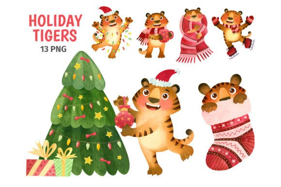 Christmas Tigers, Watercolor Clipart for Illustrations