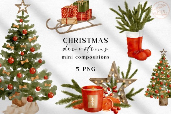 Christmas Tree Watercolor Clipart Set for Branding