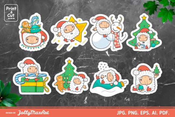 Cute Christmas Stickers PNG. Fun Santa