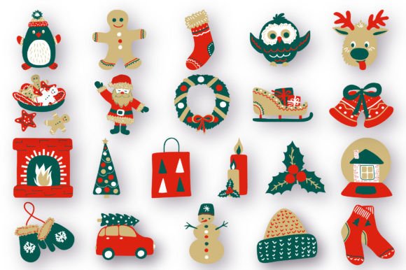 Merry Christmas Red-green Doodles Set Illustrations