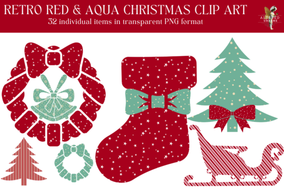 Retro Red Aqua Christmas Clip Art Illustrations