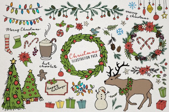 Retro Wreaths Christmas Clipart Pack Illustrations