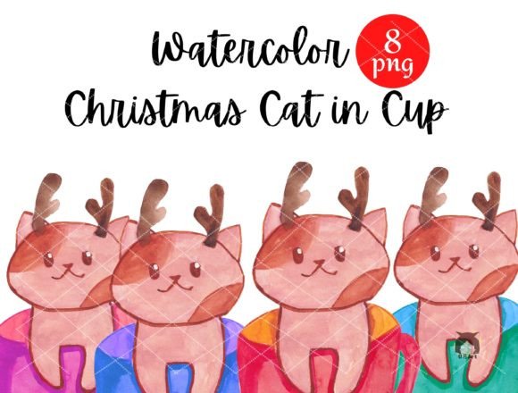 Watercolor Christmas Cat in Cups Illustrations