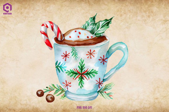 Watercolor Christmas Hot Cocoa Illustration for Design Projects