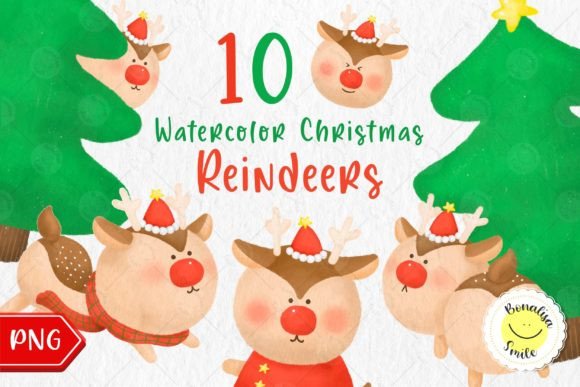 Watercolor Cute Christmas Reindeer Illustrations